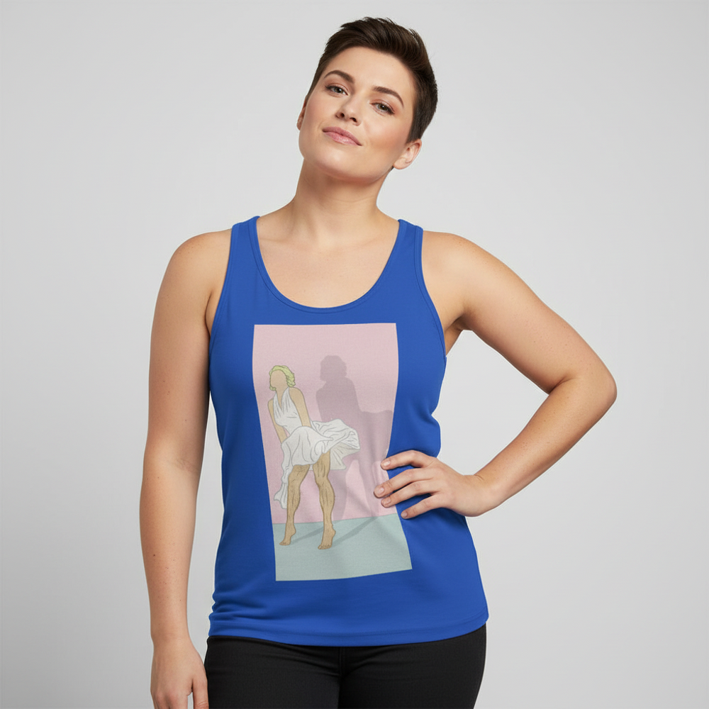 Daddy Monroe Unisex Tank Top in royal blue with a pastel pink Marilyn Monroe graphic, modeled by a person, one hand on hip
