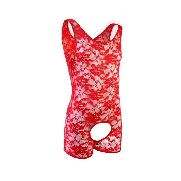 Red floral lace open-crotch bodysuit shown front-facing on a white background