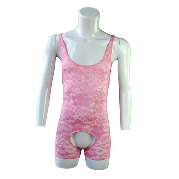 Front view of a pink floral lace bodysuit with a large open crotch on a mannequin