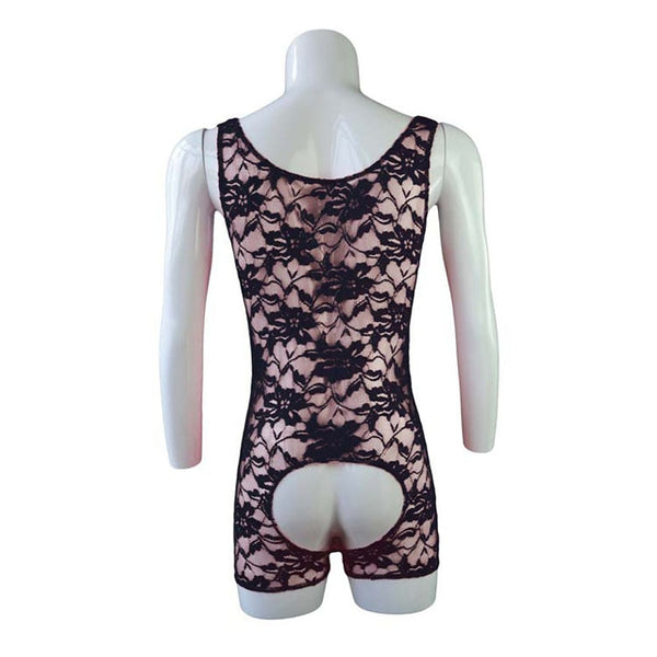 Rear view of a black floral lace bodysuit with a large open back and bottom