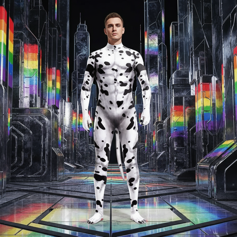 Front-facing model in a white Dalmatian-spotted full-body suit with a pink tail