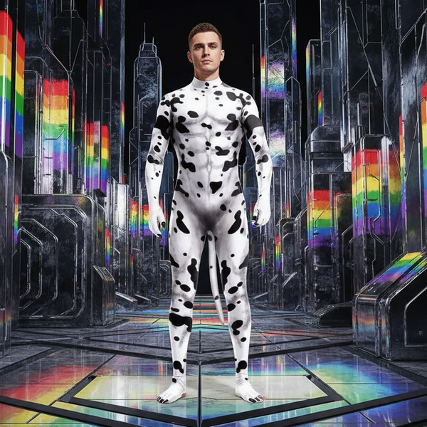 Front-facing model in a white Dalmatian-spotted full-body suit with a pink tail