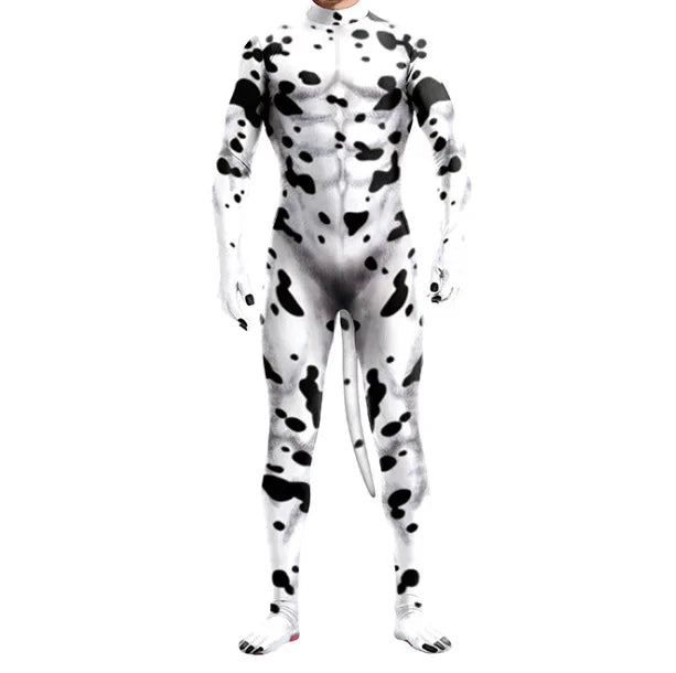 Front-view model wearing a white-and-black spotted full-body bodysuit with a long tail