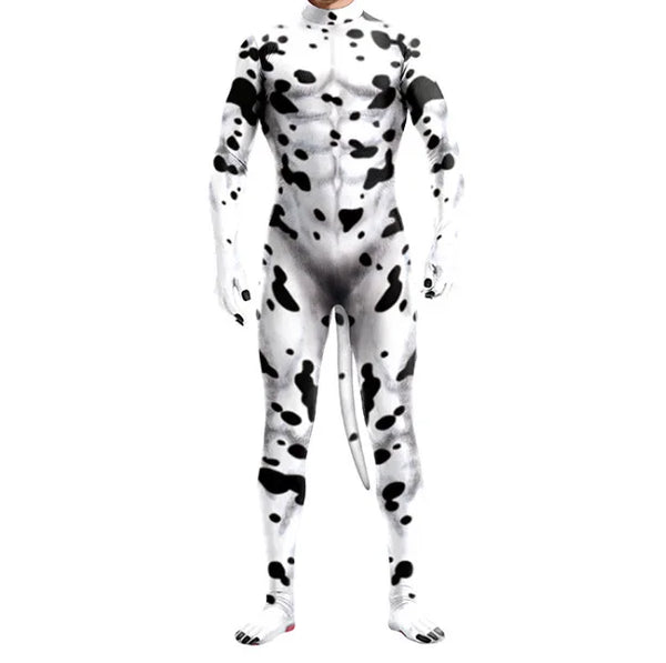 Front-view model wearing a white-and-black spotted full-body bodysuit with a long tail