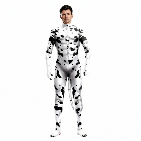 Front-facing model wearing a white-and-black spotted dalmatian bodysuit with a long tail