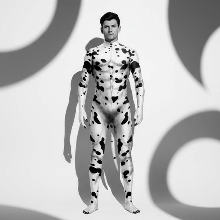 Front-facing model wearing a white-and-black spotted full-body zentai suit