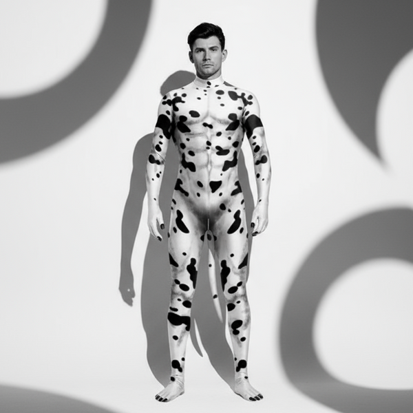 Front-facing model wearing a white-and-black spotted full-body zentai suit