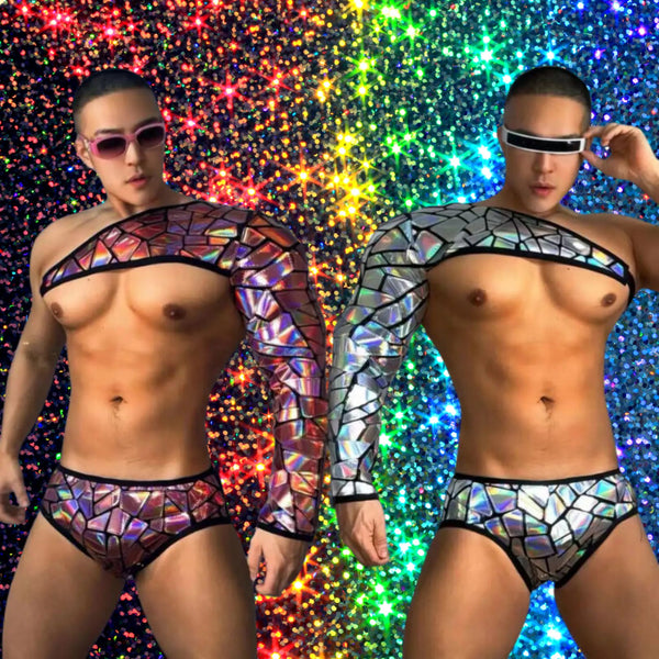 Two shirtless models wear iridescent mosaic-print briefs and one-sleeve crop tops