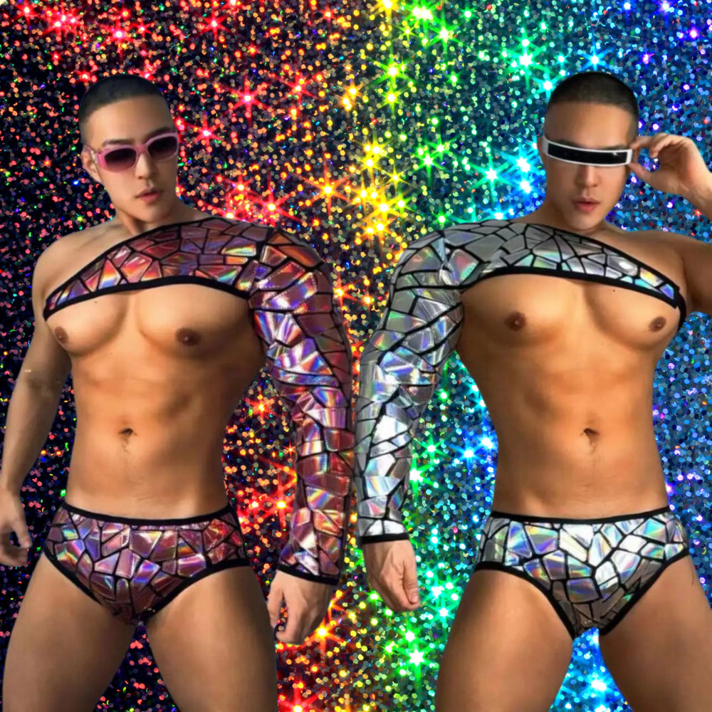 Two shirtless models wear iridescent mosaic-print briefs and one-sleeve crop tops