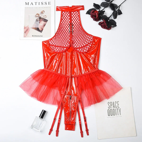 Flat-lay red glossy PU bodysuit with fishnet bust, tutu skirt, and garter straps
