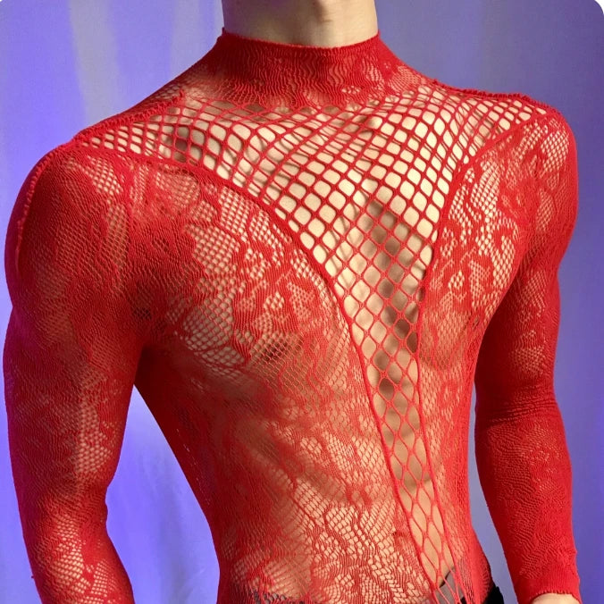 Cropped front view of a person in a sheer red lace bodysuit with long sleeves