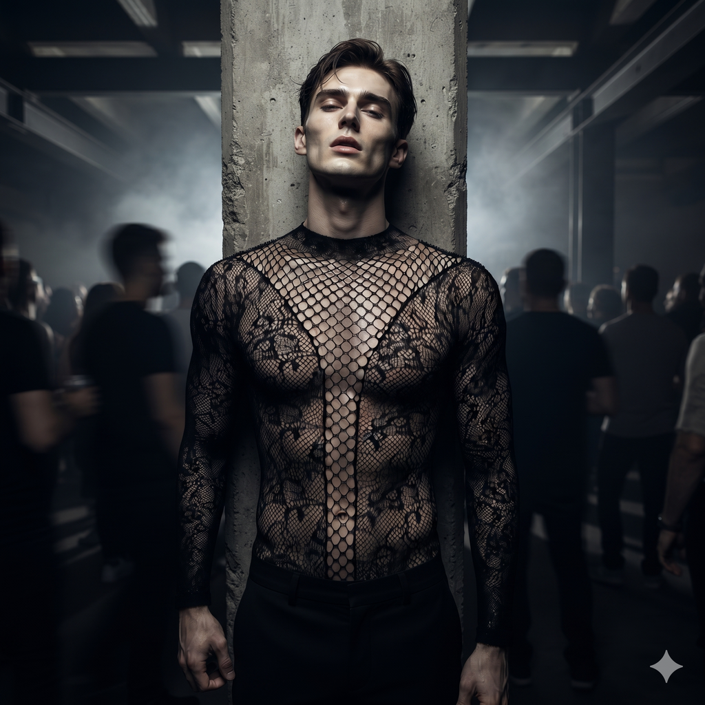 Front-facing model wearing a sheer black lace bodysuit at a dimly lit event