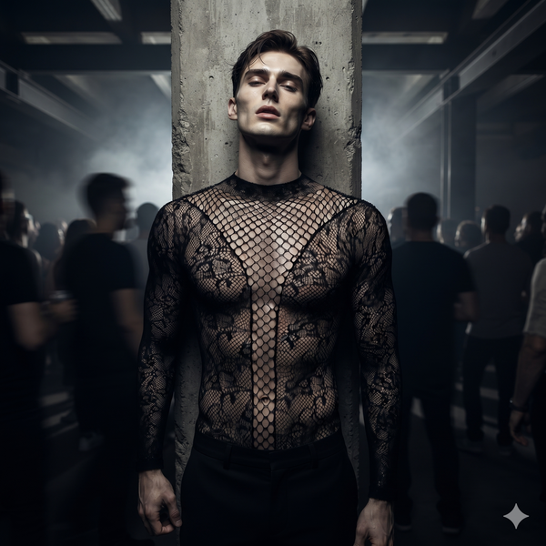 Front-facing model wearing a sheer black lace bodysuit at a dimly lit event