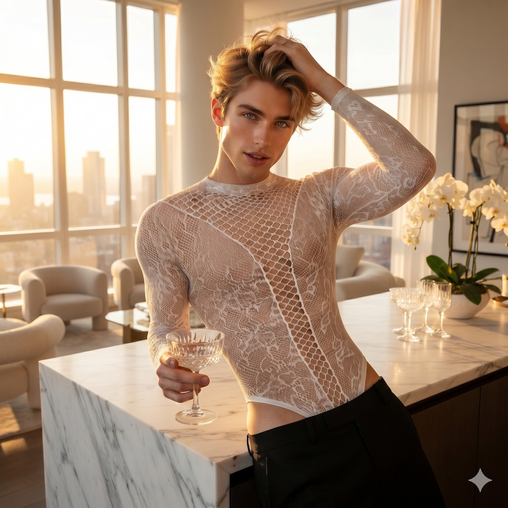 Front-view model wearing a sheer white lace bodysuit with a diamond-mesh panel