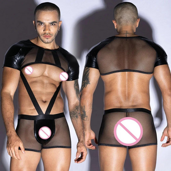 Front and back views of a person modeling a black mesh and faux-leather harness outfit