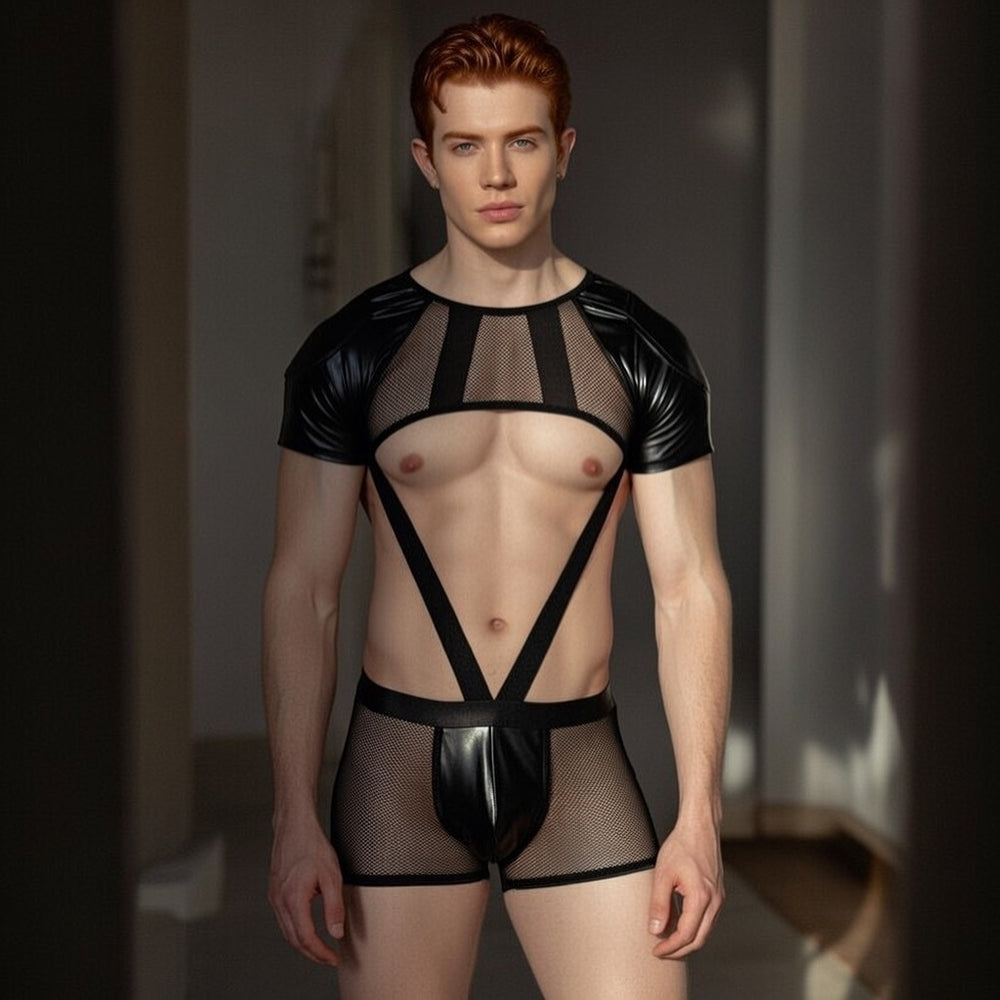 Dark Allure black mesh and faux leather set: cutout top with straps, sheer shorts; queer red-haired guy showing chest