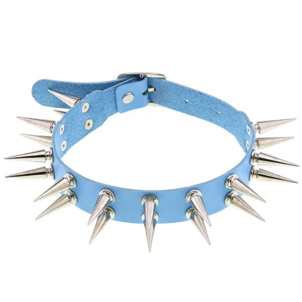 Blue leather-look spiked choker shown flat with a buckle and rows of silver cone studs