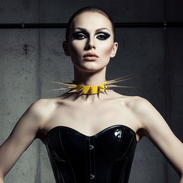 A person in a shiny black corset and dramatic eye makeup wears the Dark-Femme Edge Goth Choker