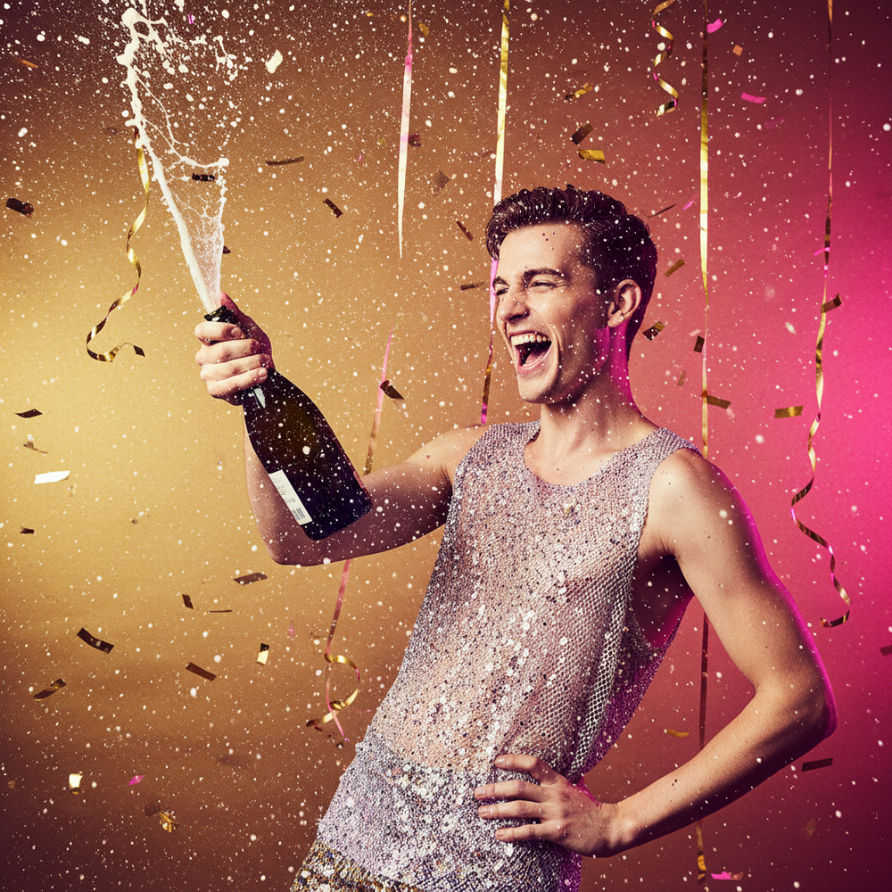 Smiling person wearing a sleeveless silver crystal vest while spraying champagne amid confetti