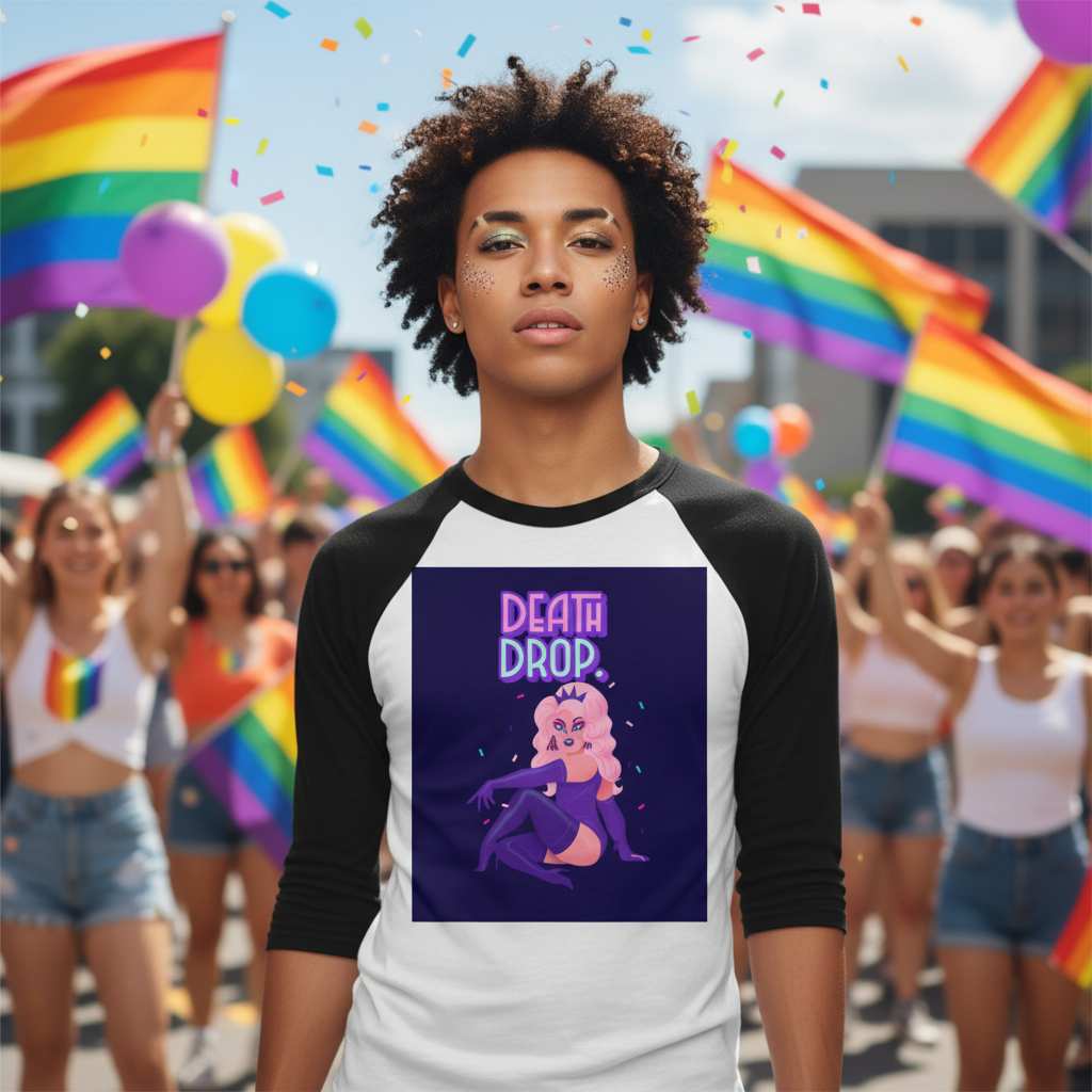 Death Drop 3/4 Sleeve Raglan Shirt with drag queen graphic worn at pride parade, surrounded by rainbow flags, confetti