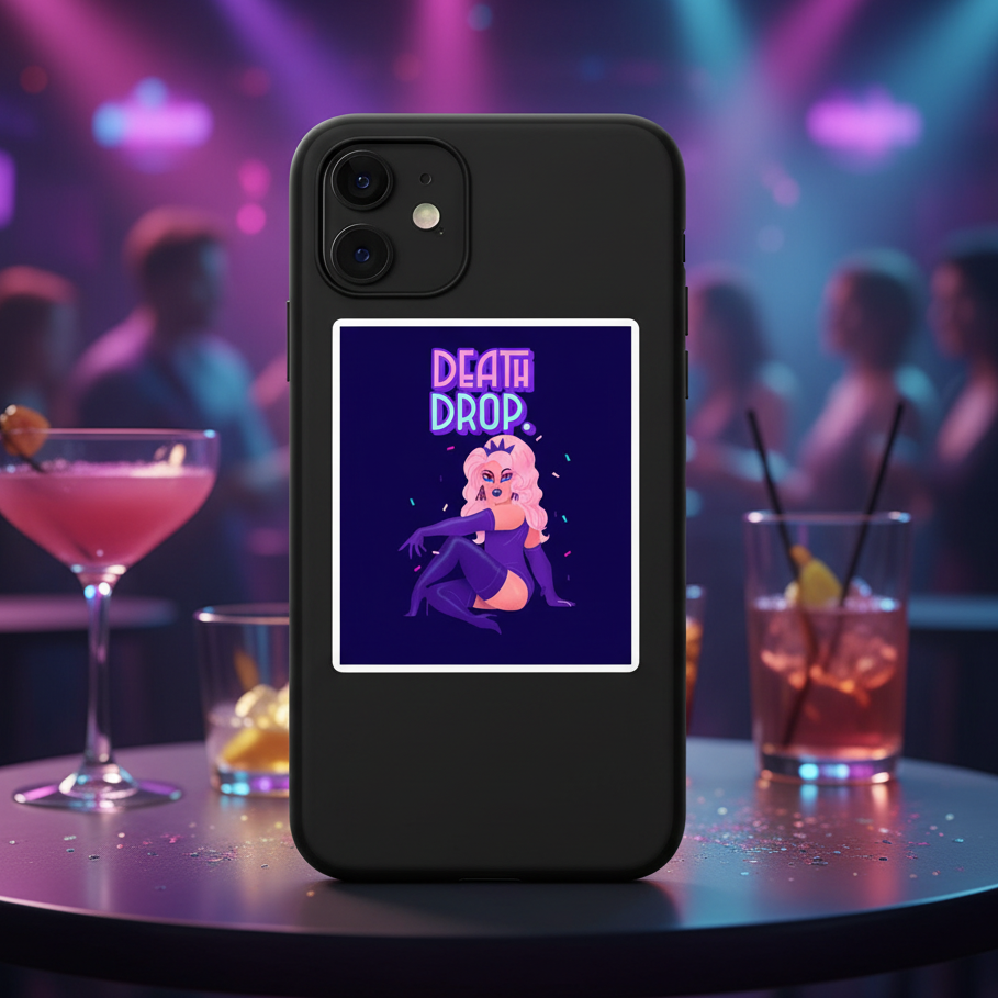 Death Drop Bubble-Free Sticker with a drag queen posing bold on a smartphone