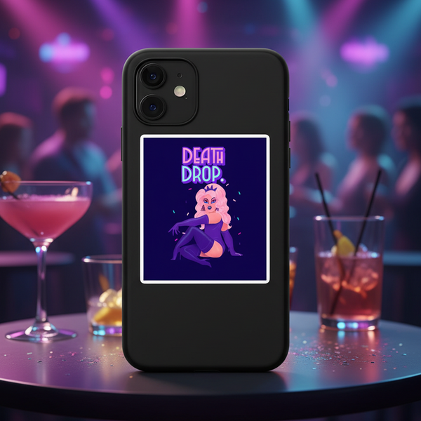 Death Drop Bubble-Free Sticker with a drag queen posing bold on a smartphone