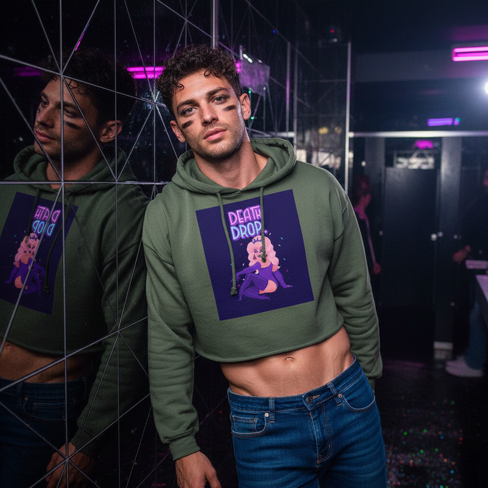 Death Drop Crop Hoodie on a curly-haired guy with face paint, midriff bared