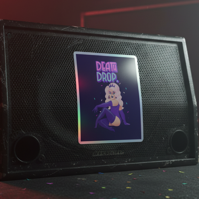 Death Drop Holographic Stickers feature a cartoon drag queen in a purple bodysuit and crown, posing under DEATH DROP