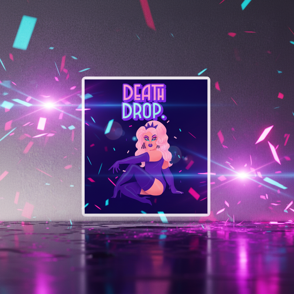 Death Drop Magnet with "Death Drop" in neon above a drag queen in a purple bodysuit