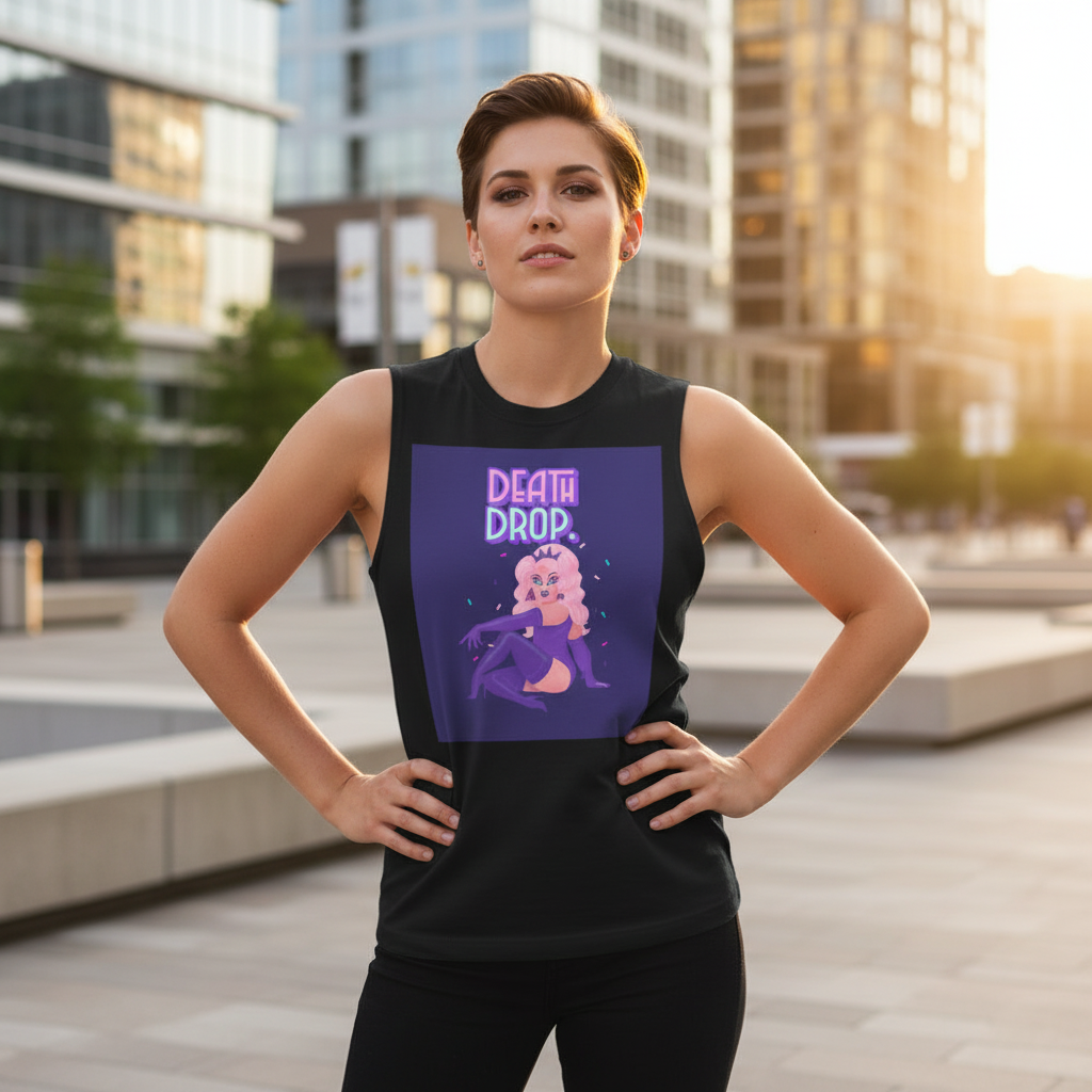 Death Drop Muscle Top, black unisex tank, bold "Death Drop" slogan and cartoon cat