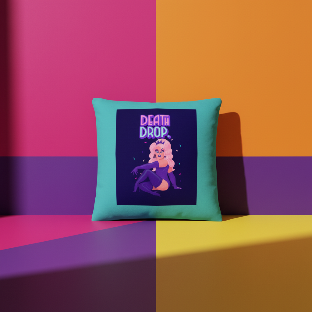 Turquoise cushion with a vibrant geometric background, drag queen in pink hair and purple outfit, "DEATH DROP" text