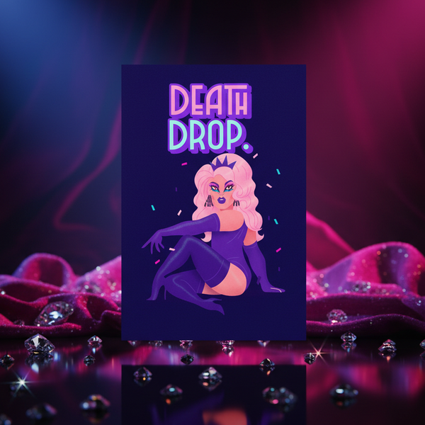Postcard showing a drag queen in a purple bodysuit with blonde hair doing a death drop