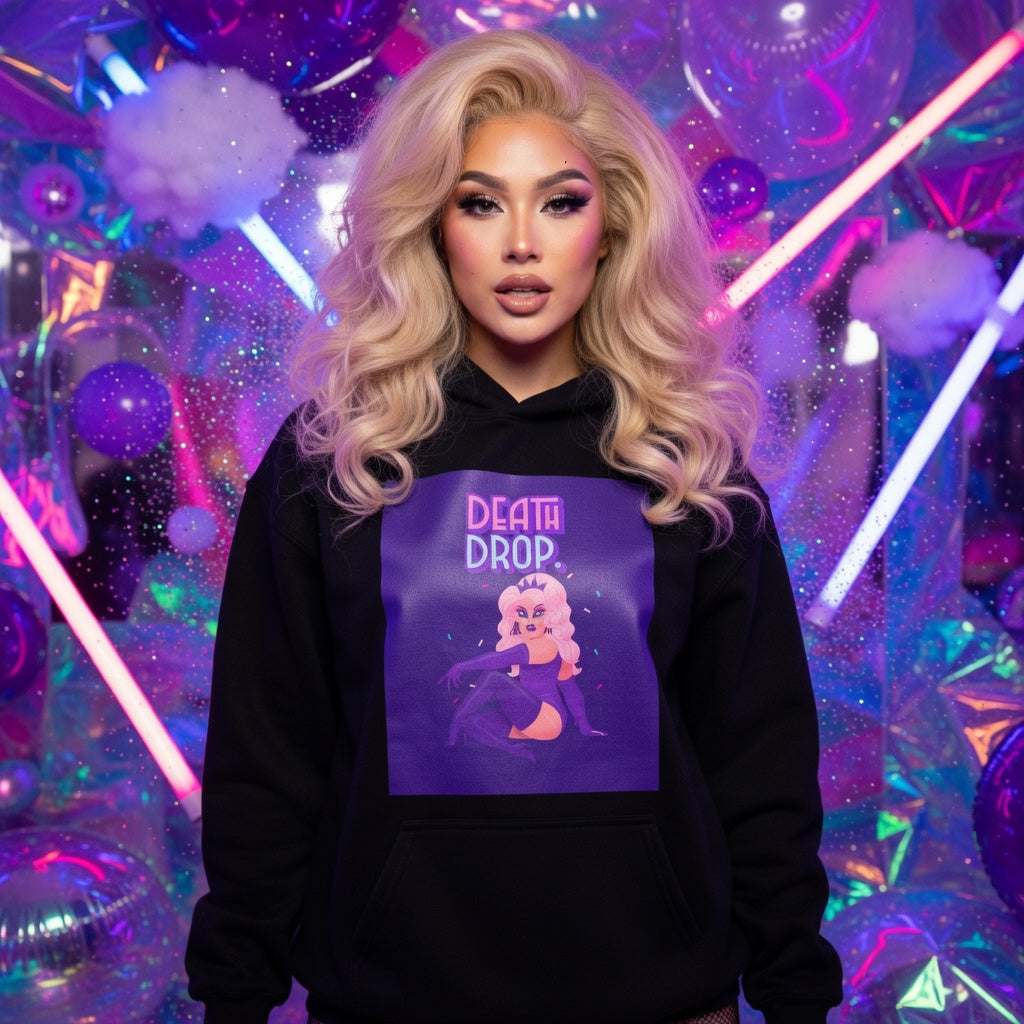 Death Drop Unisex Hoodie with cartoon drag queen mid-split, bold “DEATH DROP!” in purple