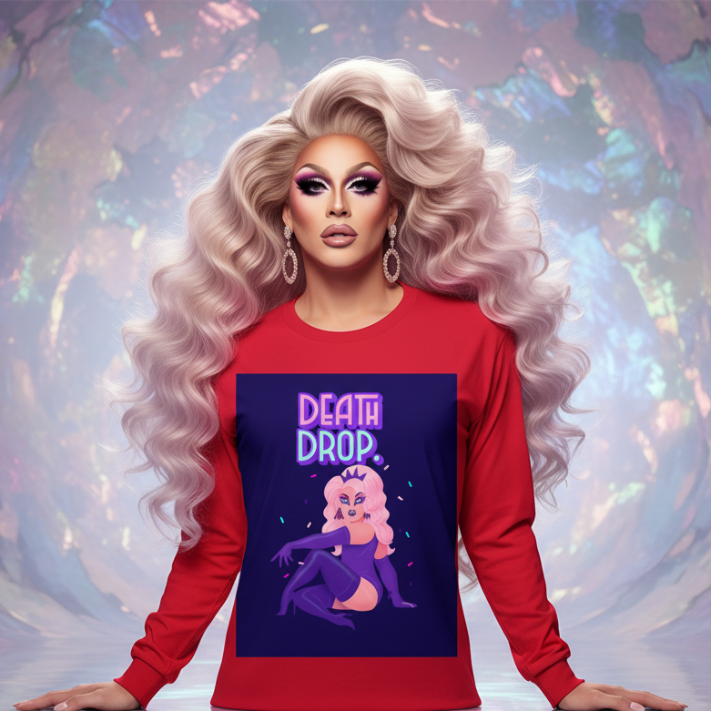 Death Drop Unisex Long Sleeve T-Shirt, featuring a cartoon drag queen and “Death Drop” text