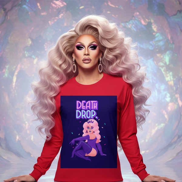Death Drop Unisex Long Sleeve T-Shirt, featuring a cartoon drag queen and “Death Drop” text