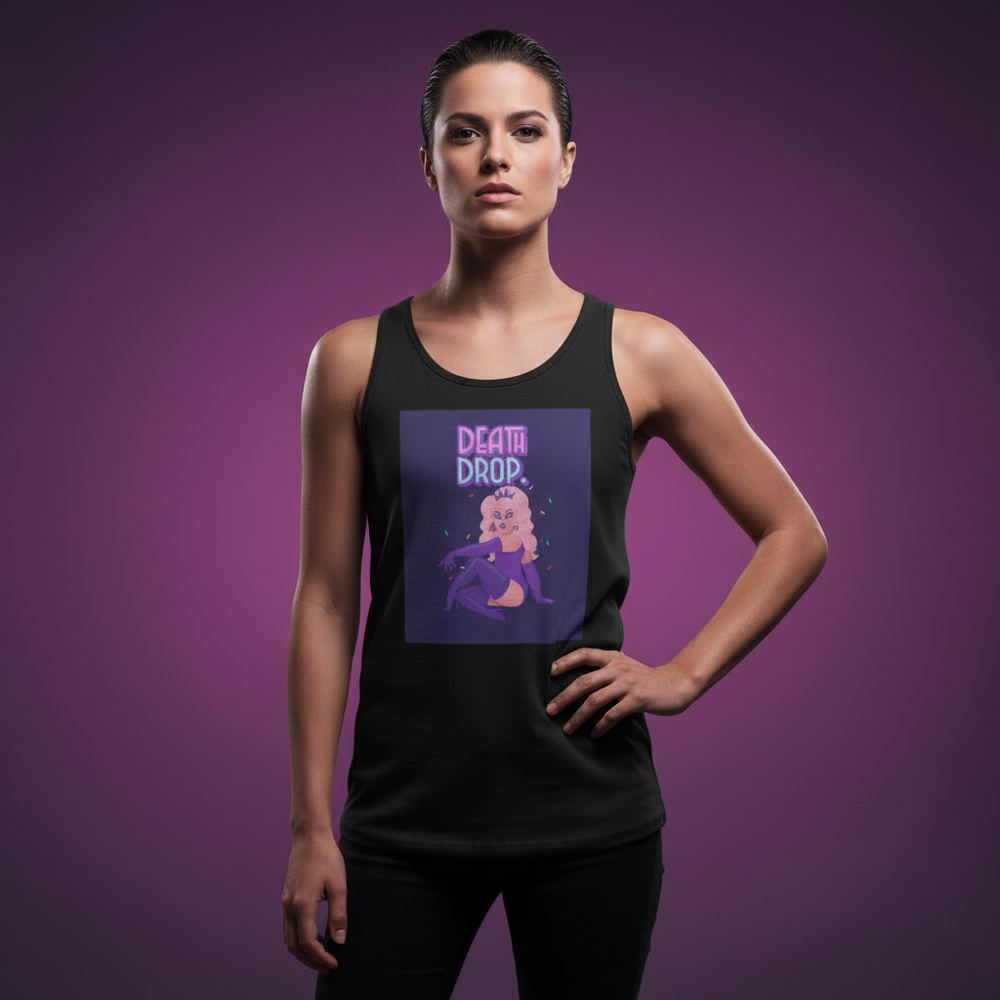 Death Drop Unisex Tank Top, bold color print with "DEATH DROP" text, striking pose illustration, and stars; model
