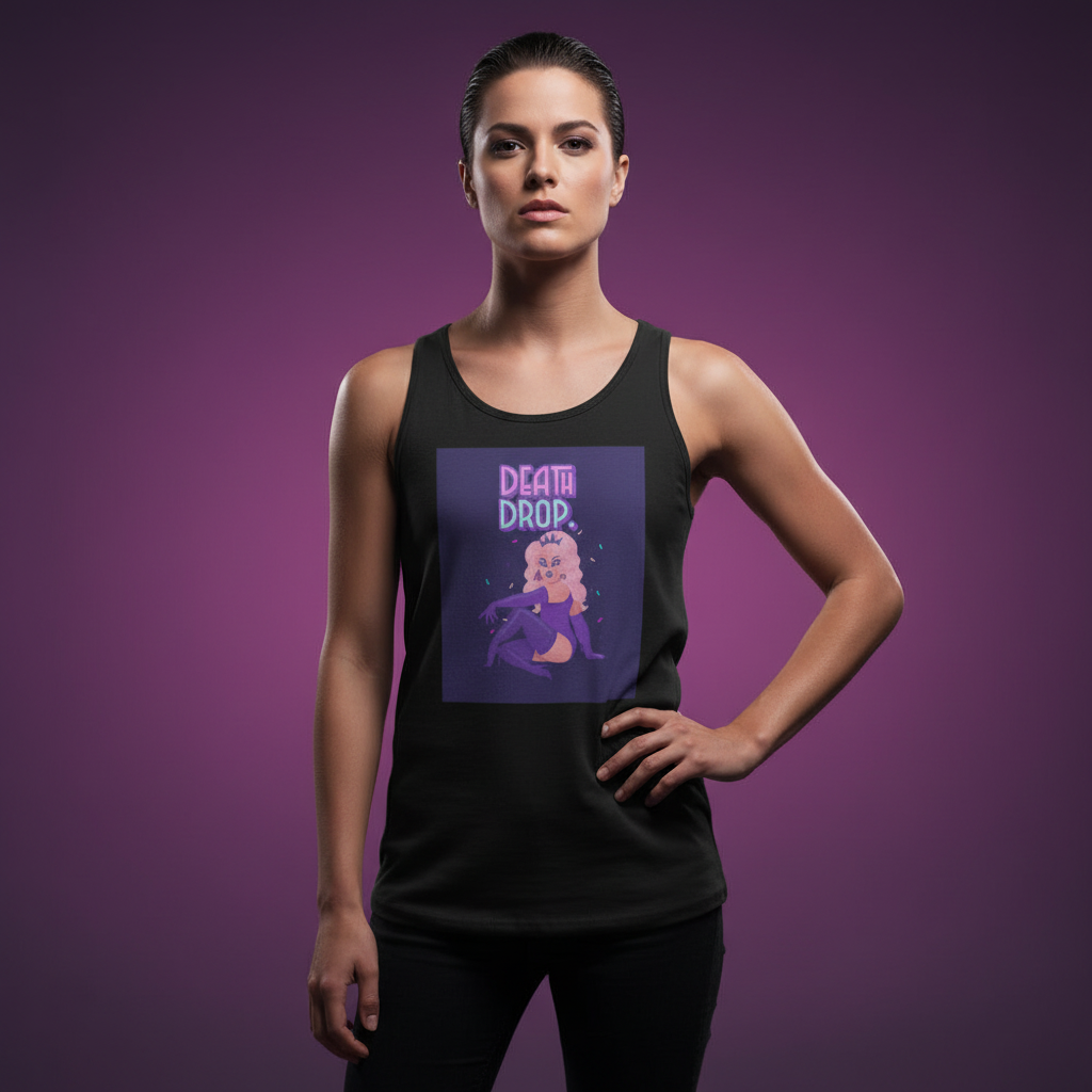 Death Drop Unisex Tank Top, bold color print with "DEATH DROP" text, striking pose illustration, and stars; model