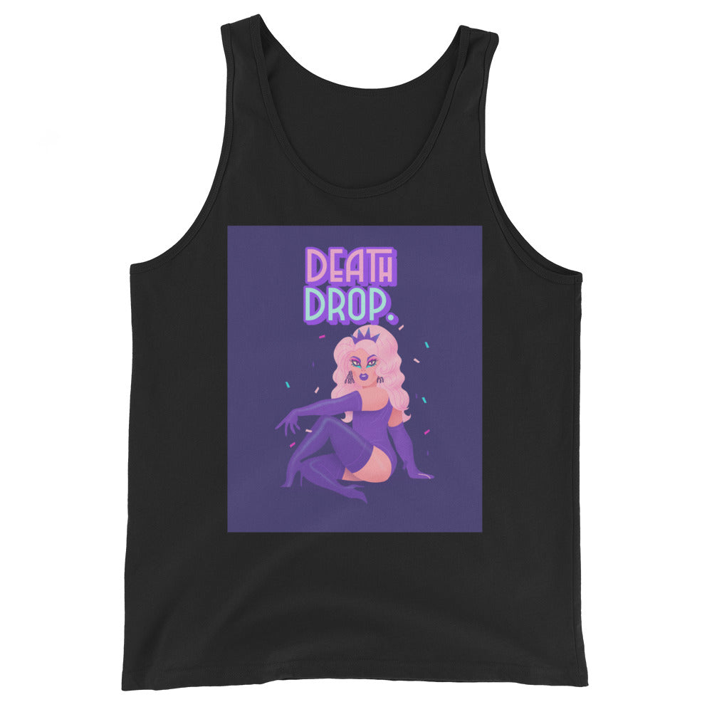 Unisex tank top with a drag queen in long pink hair, purple outfit