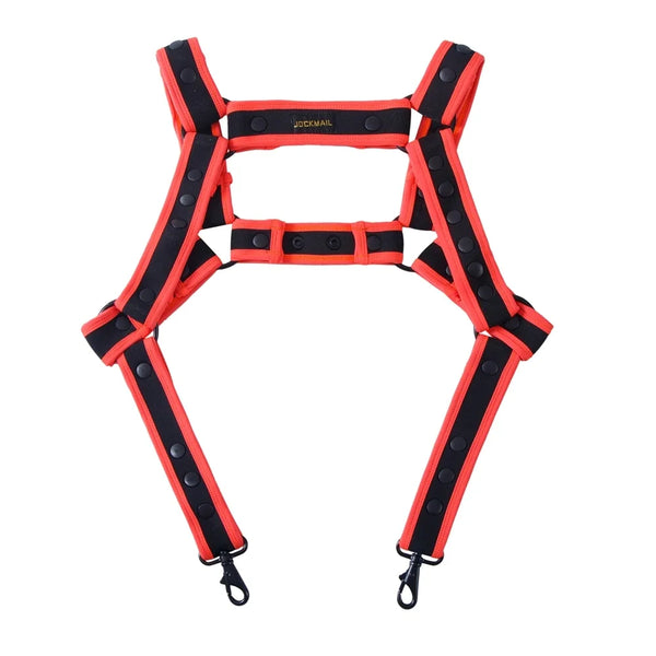 Front-facing black and red strap harness with snap fasteners and two lower clips