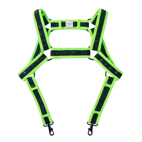 Flat-lay neon green and black adjustable harness with multiple snap fasteners and two clips