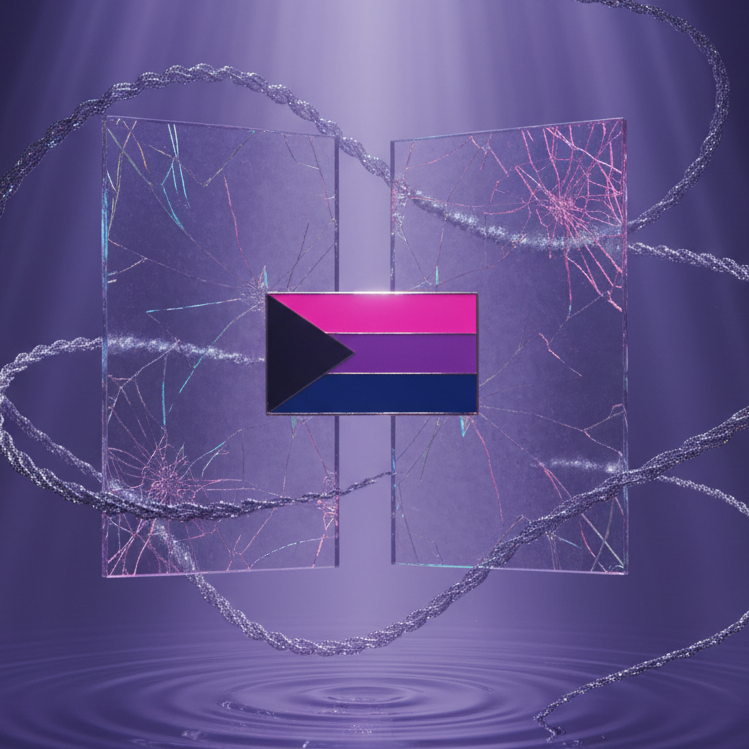 Rectangular demibisexual pride flag pin displayed against a purple reflective backdrop