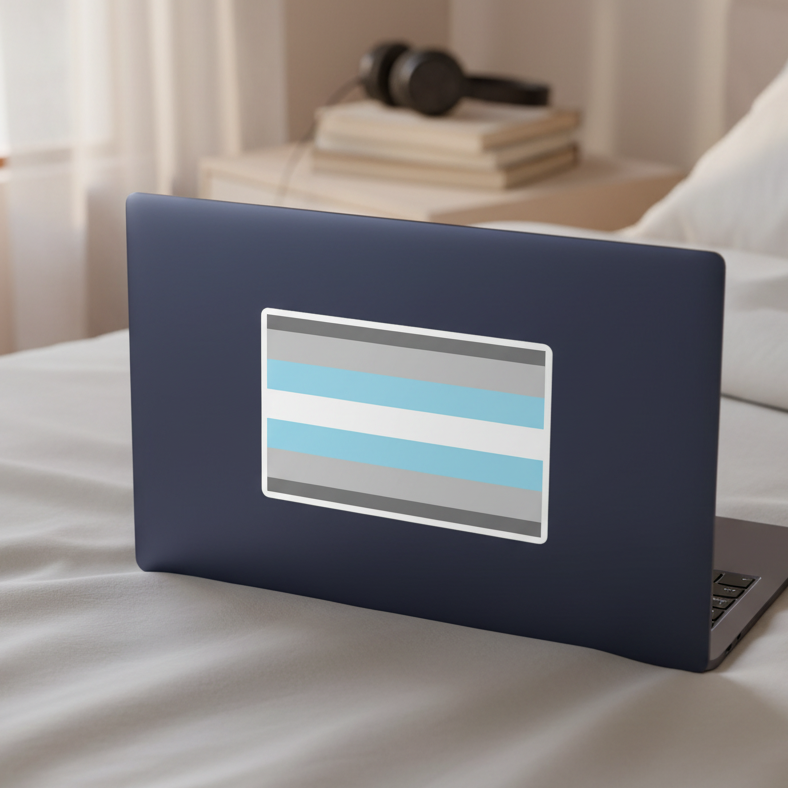 Navy blue laptop with a Demiboy Flag Bubble-Free Sticker on a white bed