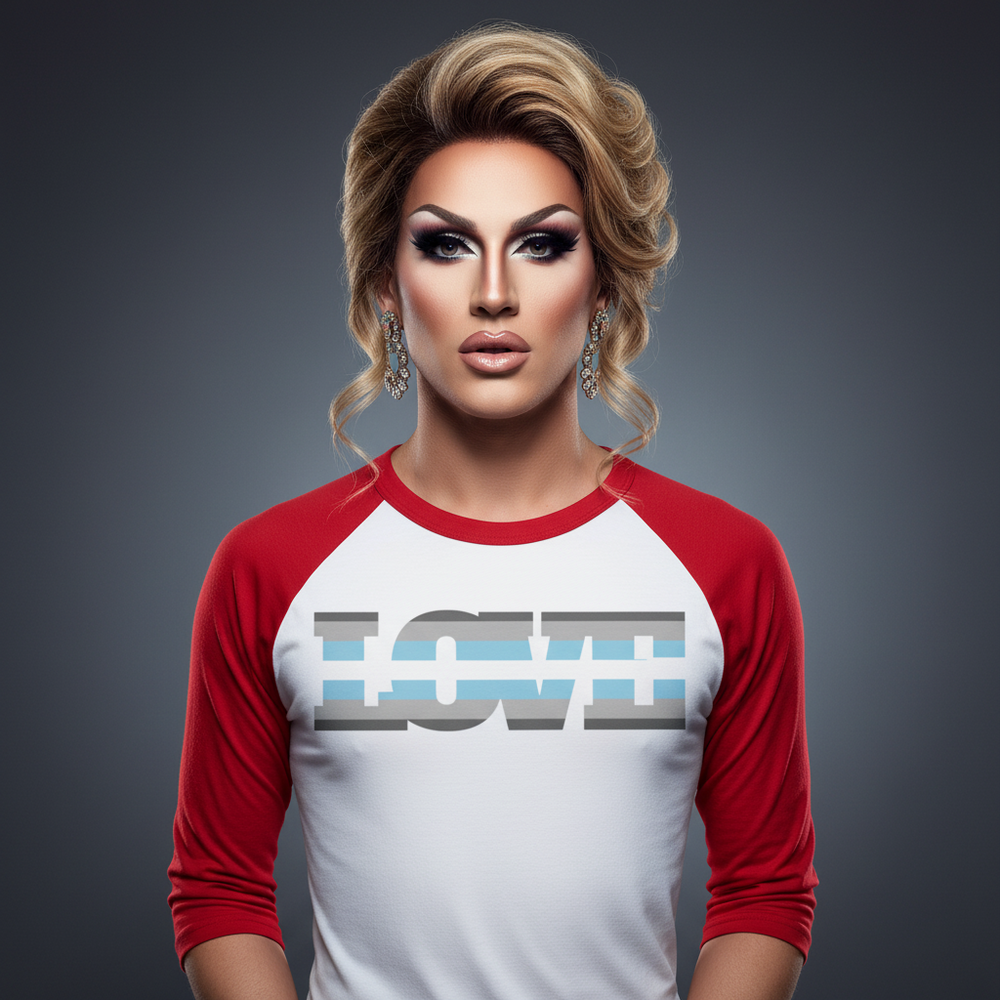 Demiboy Love 3/4 Sleeve Raglan Shirt, white with red sleeves, “LOVE” text; the O is a trans flag. Drag makeup. Dark backdrop.