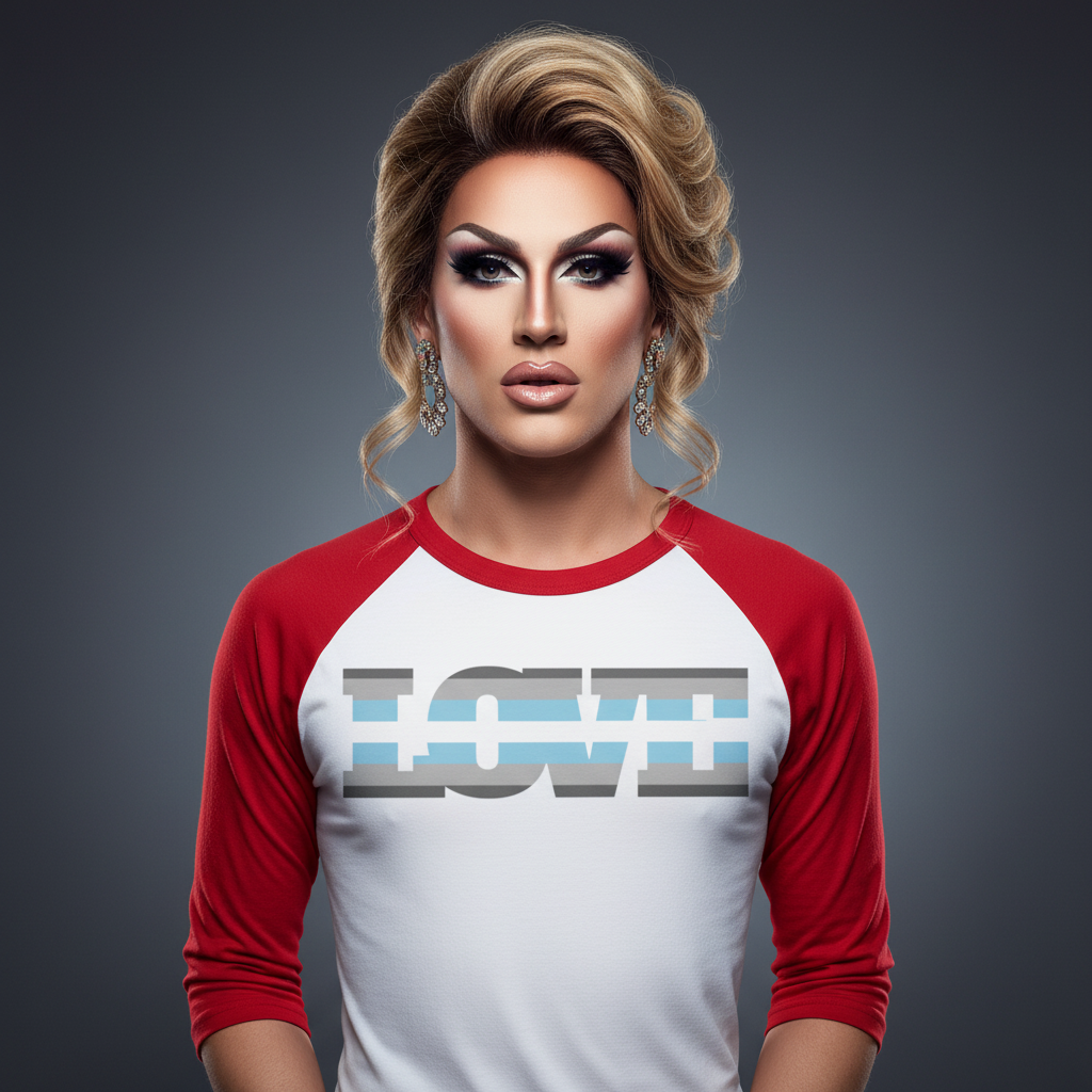 Demiboy Love 3/4 Sleeve Raglan Shirt, white with red sleeves, “LOVE” text; the O is a trans flag. Drag makeup. Dark backdrop.