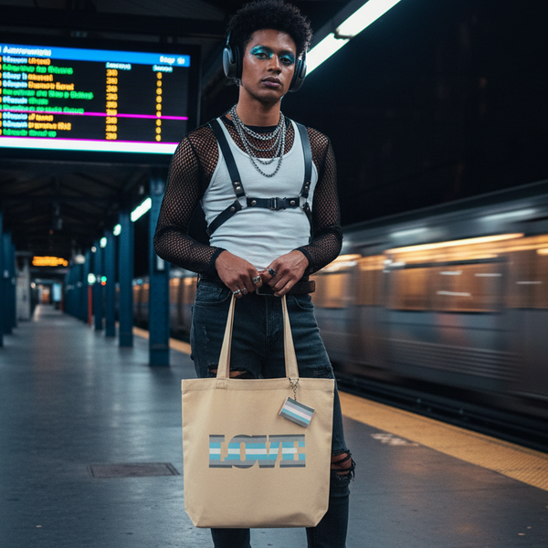 Person holding a tan canvas tote reading “LOVE” in blue, pink, and white stripes on a subway platform