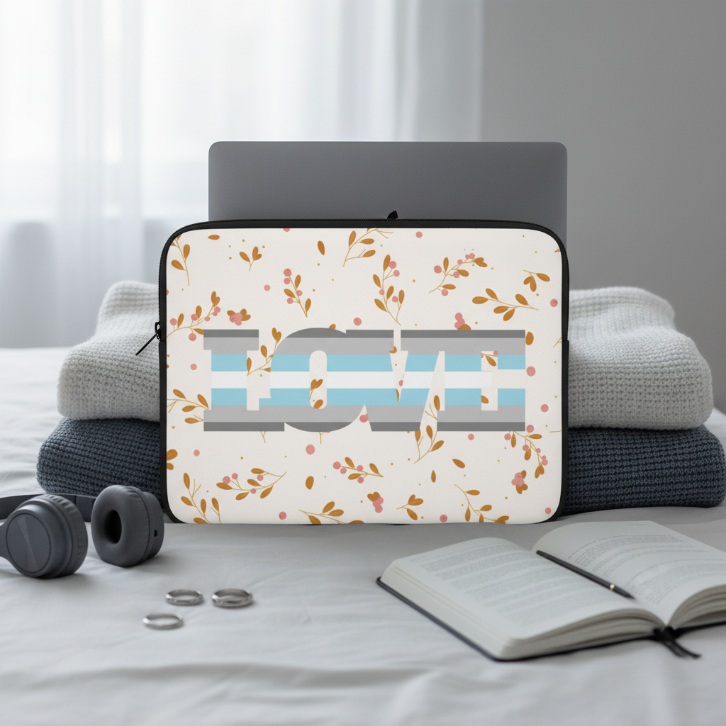 Demiboy Love laptop sleeve with bold "LOVE" text in blue and white stripes, orange-pink florals