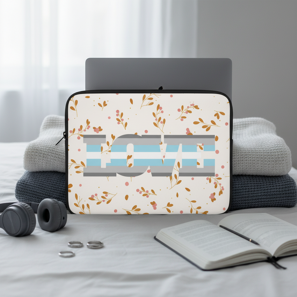 Demiboy Love laptop sleeve with bold "LOVE" text in blue and white stripes, orange-pink florals