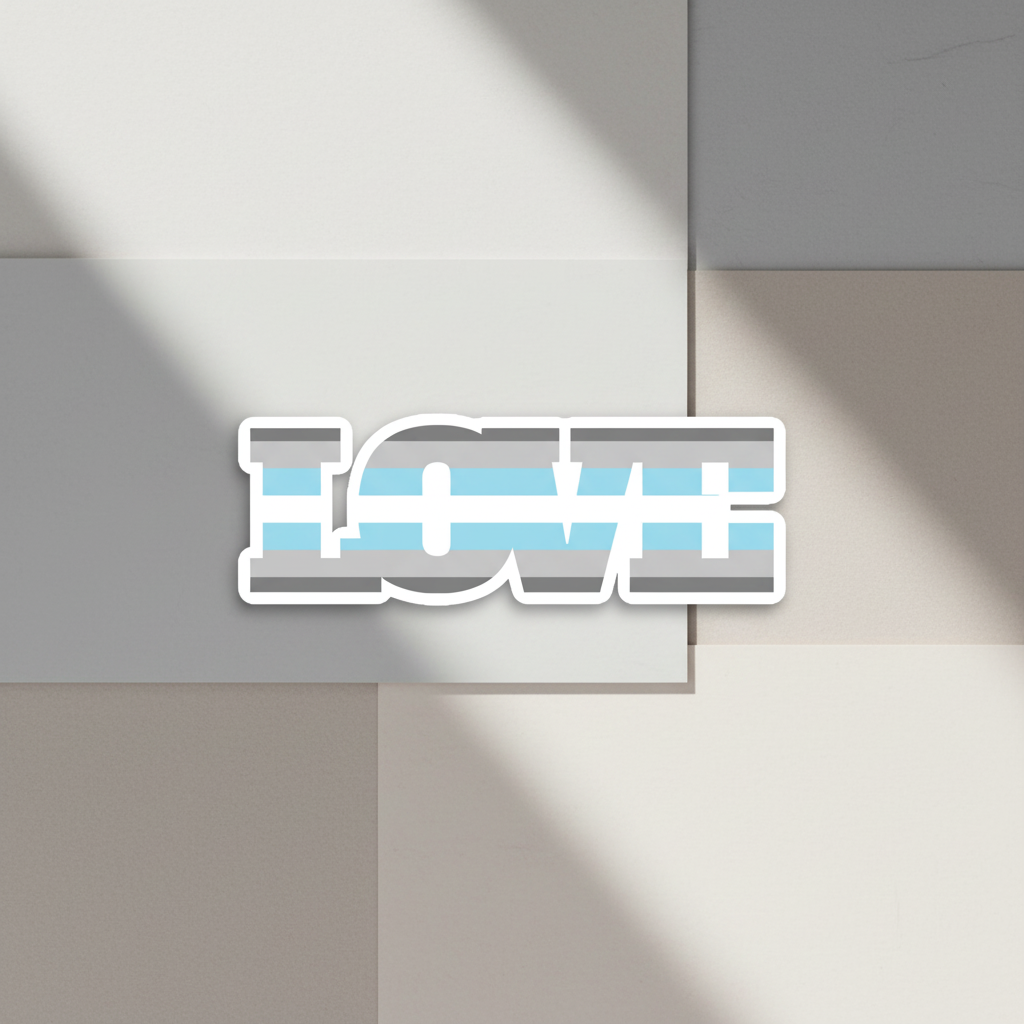 Demiboy Love Magnet with bold “LOVE” in light blue, gray, and white demiboy flag stripes on a neutral geometric background.