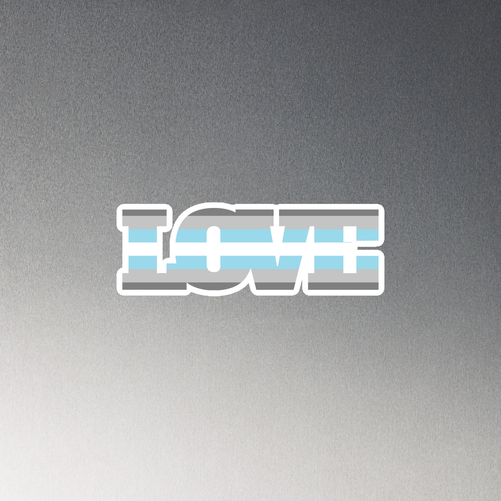 Rectangular magnet with white “LOVE” lettering over gray and pale blue stripes