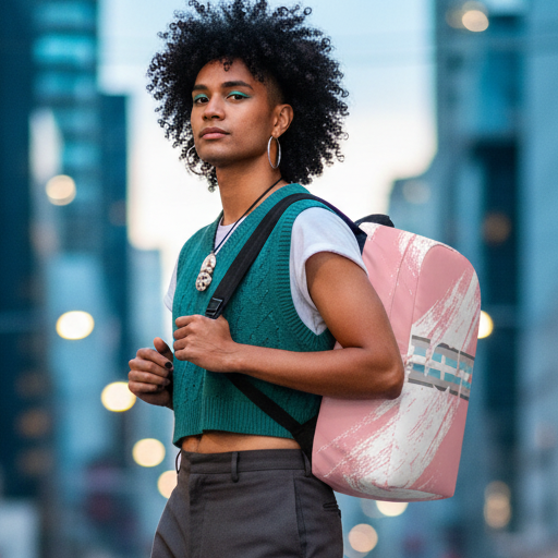 Demiboy Love Minimalist Backpack carried by a curly-haired person in teal knit vest, white tee, and gray pants